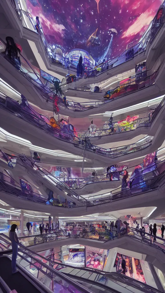 Image similar to interior of pristine intergalactic spaceship, department shopping mall, complex escalator system, futuristic glowing temple with fashion mannequins display, at night and cluster of shopping customers, by makoto shinkai, moebius!, oliver vernon, joseph moncada, damon soule, manabu ikeda, kyle hotz, dan mumford, by kilian eng