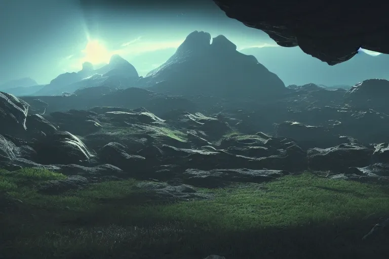 Image similar to Landscape of a beautiful alien world. Cinematic lighting. Photorealism.