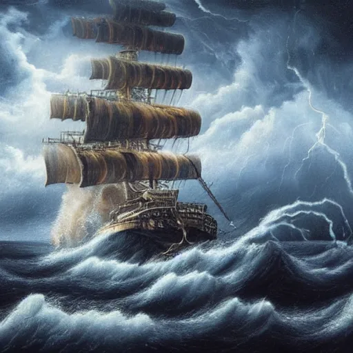 Prompt: a highly detailed hyperrealistic scene of a ship being attacked by giant squid tentacles, jellyfish, squid attack, dark, voluminous clouds, thunder, stormy seas, pirate ship, dark, high contrast, fiery galaxy, nomadic