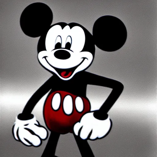 Image similar to Mickey Mouse as a demon, photorealistic, film still, desolate, terrifying, weird, strange, odd, uncanny, horrifying, horrific, spine-chilling, sinister, menacing, ominous, threatening