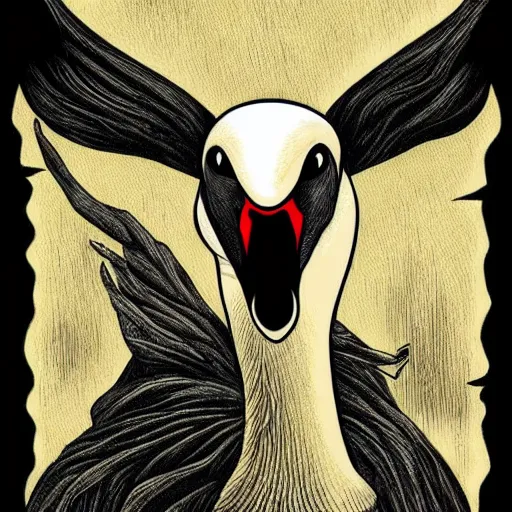 Prompt: evil swan, gritty horror illustration, highly detailed and disturbing