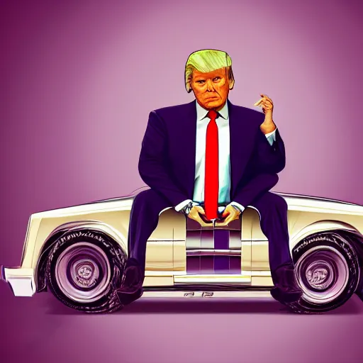 Image similar to portrait of donald trump sitting on a roll's royce, gta 5 artwork, gold chain necklace, very detailed face, purple suit