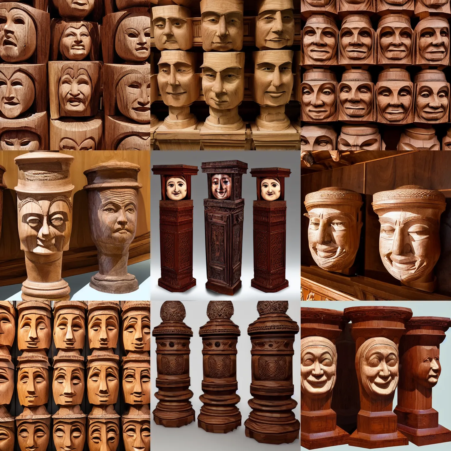 Prompt: stacked wooden urns with carved faces, museum, wood carving, photorealism