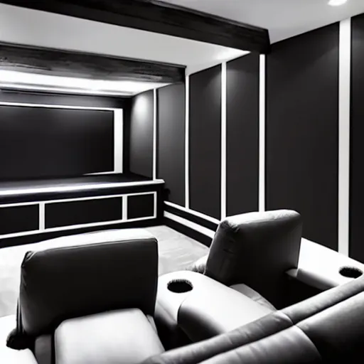 Image similar to a modern home movie theater, sleek, stylish, comfortable, charcoal sketch, professional