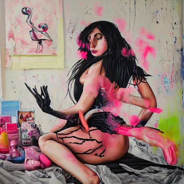 Prompt: a portrait in a female artist's bedroom, black walls, emo girl riding an inflatable flamingo, sheet music, berries, surgical supplies, pancakes, black flowers, sensual, octopus, neo - expressionism, surrealism, acrylic and spray paint and oilstick on canvas