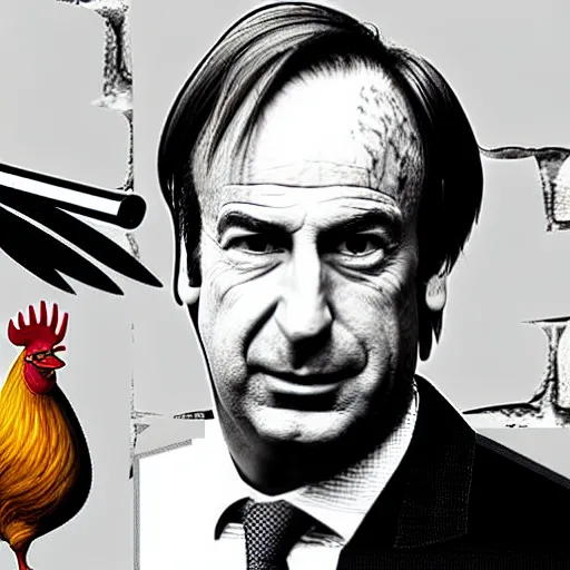 Image similar to saul goodman and a rooster in a medieval torture chamber, saw blades and knives in the background, horror movie, saul goodman, rooster!!!!, real life photo, highly detailed face