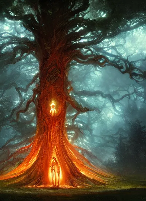 Image similar to a giant glowing tree with a beautiful maiden made of choral stepping out of it, elden ring art, digital art, award winning painted by raymond swanland