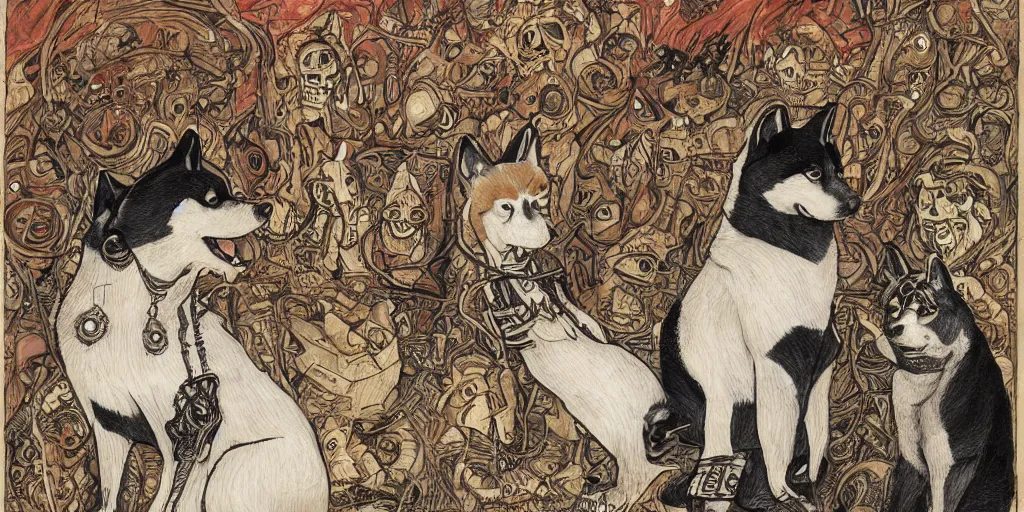 Prompt: a portrait of a shiba inu in the foreground of takiyasha the witch and the skeleton spectre, artistic, highly detailed,