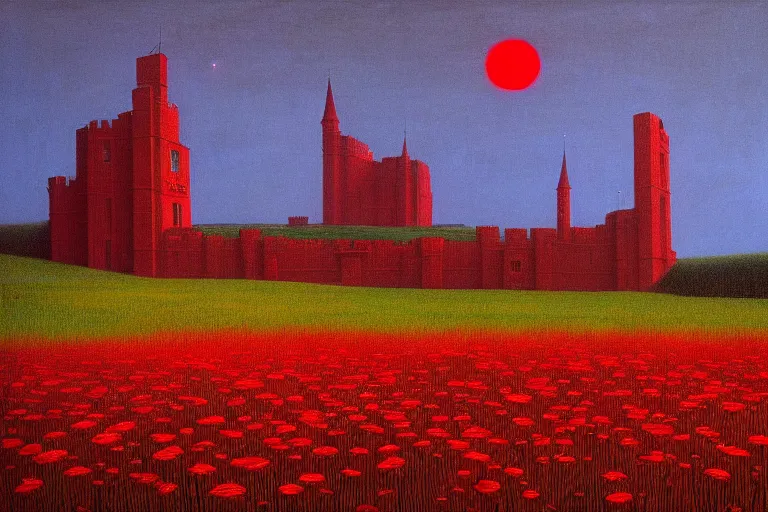 Image similar to only with red, red flowers of different types, a castle in the background, red giants rest over the flowers, in the style of beksinski, part by hopper, part by rodcenko, part by hofbauer, intricate composition, red by caravaggio, insanely quality, highly detailed, masterpiece, red light, artstation, 8 k