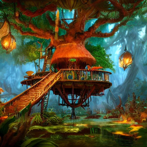 Image similar to tikipunk treehouse, fantasy oil painting, fine art, cinematic lighting, hyperdetailed, 8k, high resolution, insanely detailed and intricate, trending on artstation, octane render