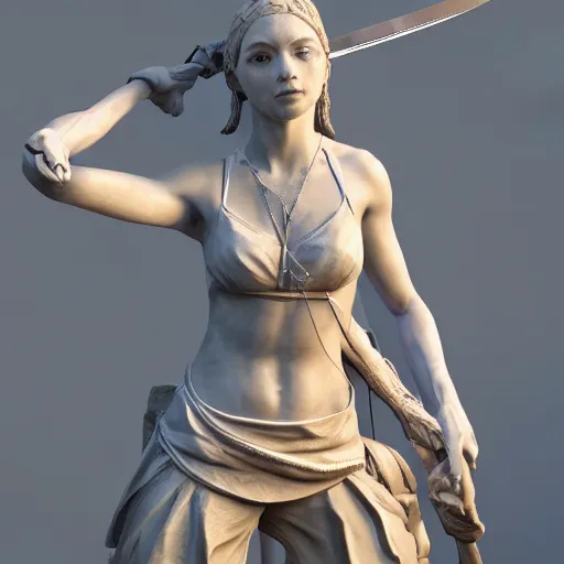 Prompt: highly detailed statue made of marbel, beautiful young woman, over exaggerated proportions, with a sword in her right hand, martial art pose, octane render, ripped cloth, volumetric lights, dramatic, highly detailed