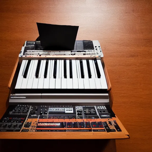 Image similar to a photograph of an origami of mf doom playing a roland sp 4 0 4 on top of a wooden table