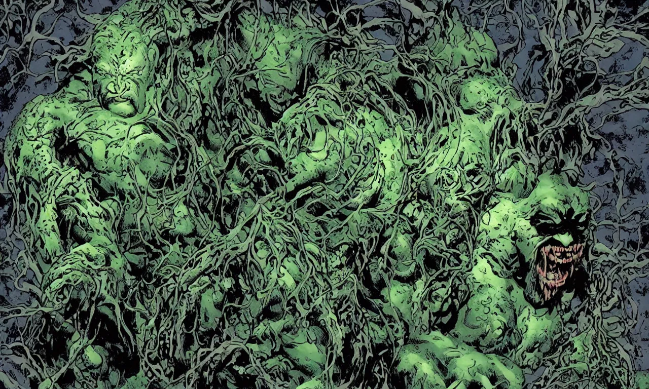 Image similar to swamp thing in a dynamic action pose, forward angle, dramatic night lighting, by bernie wrightston, mike mignola and bill sienkiewicz, monstrous faces blended in the background scenery, canopy of drippy trees