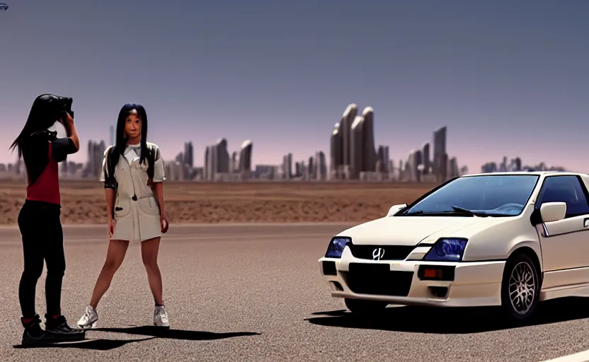 Image similar to photograph of a cell-shaded Honda EK9 Type-R with a techwear woman , on a desert road with a futuristic city in the horizon, one point perspective, 1-point perspective, tilt shift, sigma 85mm f/1.4, 4k, depth of field, high resolution, 4k, 8k, hd, full color