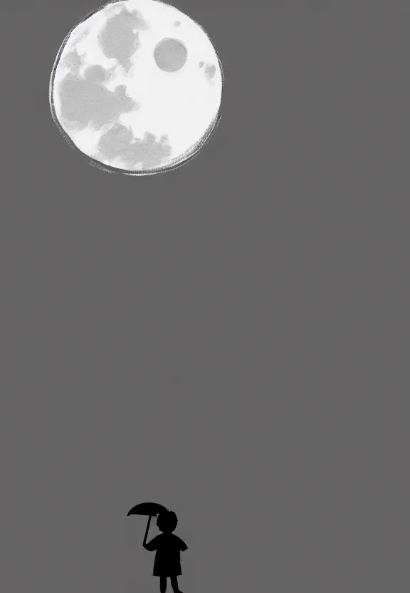 Image similar to little boy standing, holding umbrella, at night, full moon, cute anime style, black and white artwork, minimalist background