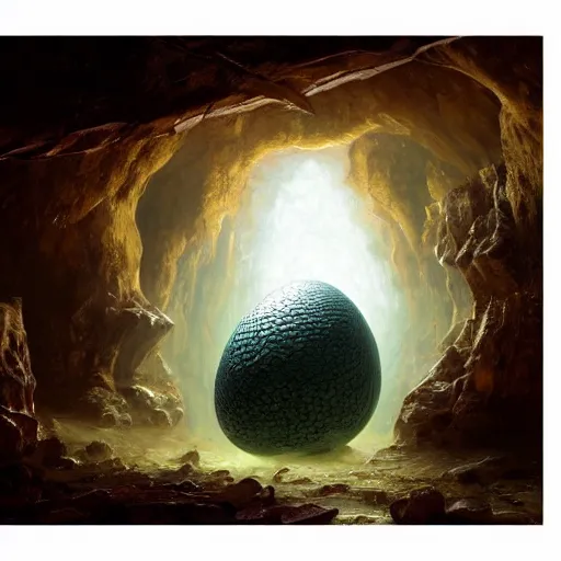 Prompt: A large steel dragon egg inside a metallic cave, fantasy art by Albert Bierstadt and James Gurney, highly detailed, digital painting, matte painting, concept art, illustration, oppressive lighting, trending on artstation, very detailed