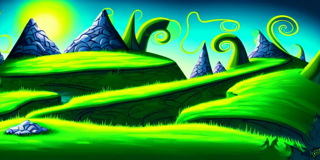 Prompt: night cartoon cartoon concept art, grass mountain landscape, from sam and max, black blue green, spiral lines