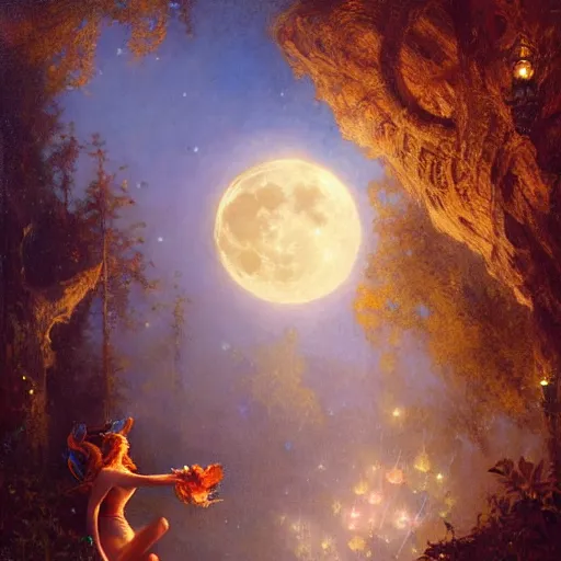 Image similar to attractive fairy magically floating high in the night, fantasy, full moon in background. highly detailed painting by gaston bussiere, craig mullins, j. c. leyendecker, mid shot, 8 k realistic, cryengine, frostbite 3 engine, sharp focus