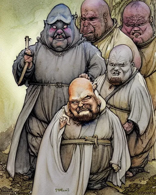 Image similar to a realistic and atmospheric watercolour fantasy character concept art portrait of a fat adorable dirty chibi alien greeting a group of medieval monks in grey robes. by rebecca guay, michael kaluta, charles vess and jean moebius giraud