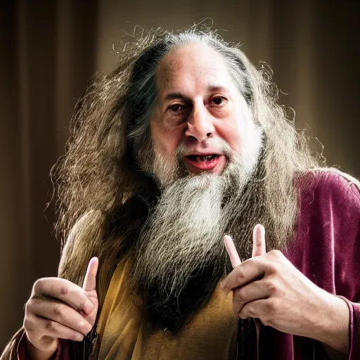 Prompt: Richard Stallman an arcane wizard casting a spell, 4k, fantasy, mystical, Sony A7R III, 85mm, f/1.8, 2018