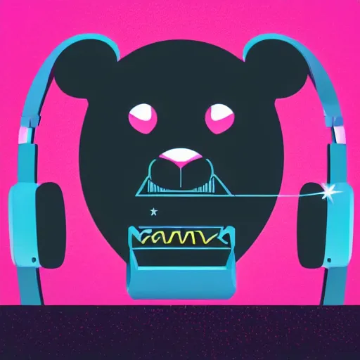 Image similar to iconic vector logo of cute cuddly pink bear with a podcast microphone, melodic, headphones, music, streaming, dreamy, isometric, adorable, octane render, golden ratio, 4k UHD, iconic design