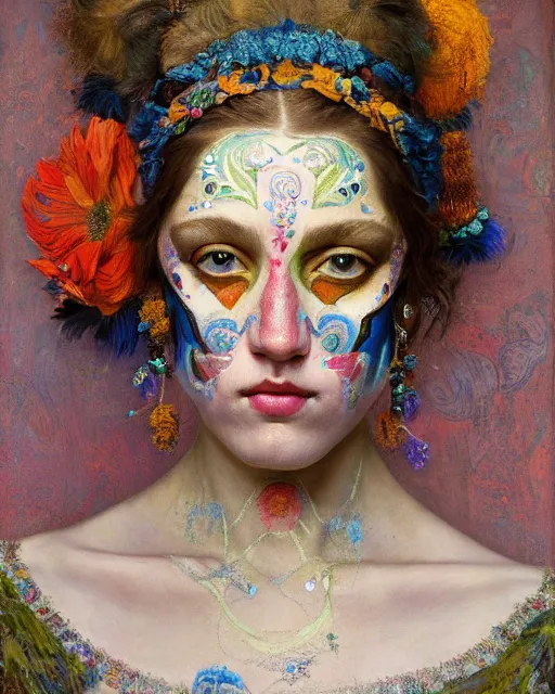 Image similar to a beautiful girl wearing colourful face paint surrounded by colourful intricate patterns, by edgar maxence and caravaggio and michael whelan, intricate painting, hyper realistic, extremely detailed and beautiful aesthetic face, 8 k resolution