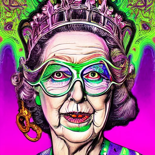 Prompt: an extremely psychedelic portrait of queen elizabeth as the riddler, surreal, lsd, face, detailed, intricate, elegant, lithe, highly detailed, digital oth, sharp focus, illustration,