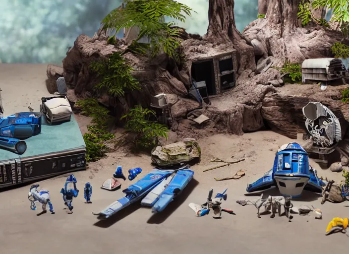 Image similar to a detailed photo of a realistic diorama with star wars toys, macro photography, zoom, model trees, table, studio lighting