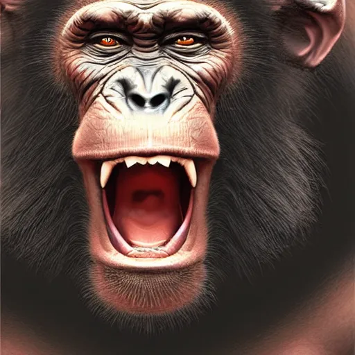 Image similar to Strong Angry Chimpanzee Screaming, Boris Vallejo, Epic, 8k resolution, ArtStation, Hyperrealistic