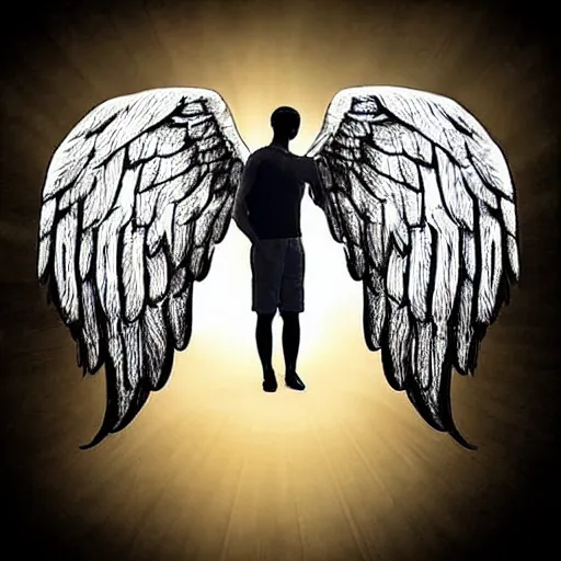 Image similar to a man saying goodbye to his black Staffordshire bull terrier with angel wings, soft lighting, beautiful, heavenly, digital art