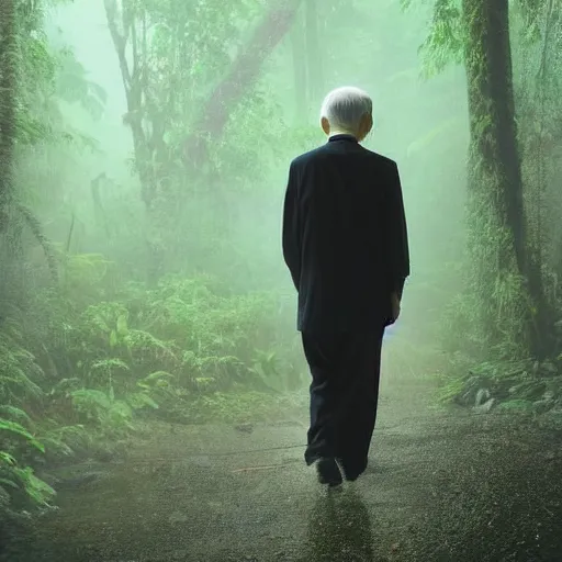 Prompt: old japanese man wearing a dirty and tattered business suit wandering through a misty and dark rainforest at night, glitchy paparazzi photo,