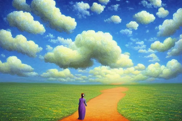 Image similar to giant flower head, woman walking, surreal, clouds in sky, impressionist painting, digital painting, artstation, rob gonsalves