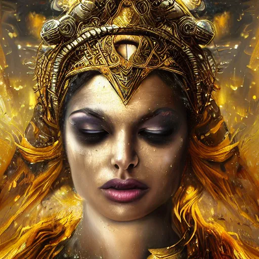 Prompt: angry beautiful Goddess of life with a veil, dark Goddess of artificial intelligence creating an artificial neural network with gold synapses on an anvil with her hammer, high resolution, award winning art, trending on art station, sharp image, incredibly detailed, detailed character, realistic painting, hyper-realistic painting, coherent painting, ethereal halls of valhalla in the background