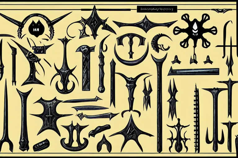 Prompt: illustration of design sheet of various necromancy tools, occult