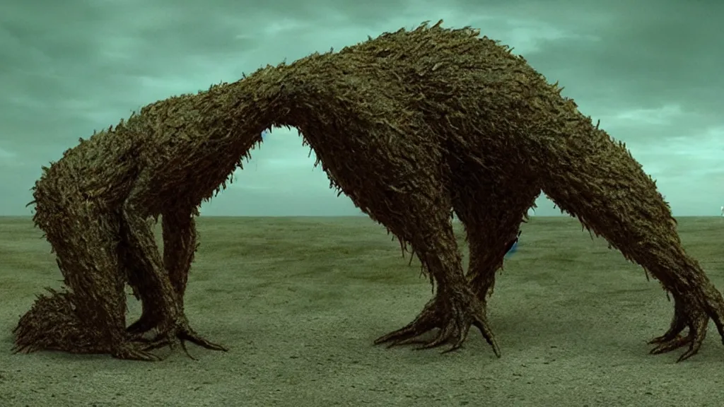 Prompt: the creature that knows where I live, made of oil, film still from the movie directed by Denis Villeneuve with art direction by Salvador Dalí, wide lens