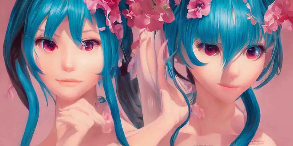 Image similar to A very beautiful painting of Hatsune Miku by rossdraws, wlop, artgerm, Gil Elvgren, Ilya kuvshinov