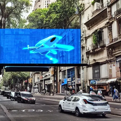 Image similar to Buenos Aires, futuristic, flying cars, futuristic hologram screens in the street