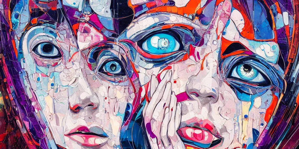 Image similar to abstract painting, cyborg woman crying, in the style of jin kagetsu and james jean, background by beatriz milhazes, highly detailed, face symmetry, masterpiece, sharp focus, realistic intricate concept art, dramatic lighting, 8 k