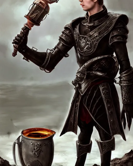 Image similar to Young man, lanky, pale, short black hair, wearing armor made of leather, holding a tankard of ale, digital art, realistic, detailed, trending on artstation, sea in the background