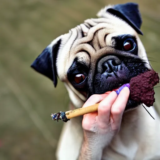 Prompt: pug with a rolled up spliff in its mouth with smoke, photo realistic, dslr camera