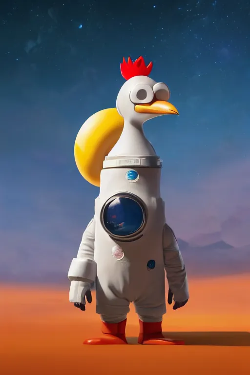 Image similar to a lonely chicken wearing a space suit without helmet in a alien planet, profile picture, digital art, concept art, trending on DeviantArt, highly detailed, high quality, 4K, cartoon, high coherence, path traced, blue sky in the background, octane render, digital painting, no helmet, masterpiece, anatomically correct, hyperrealistic