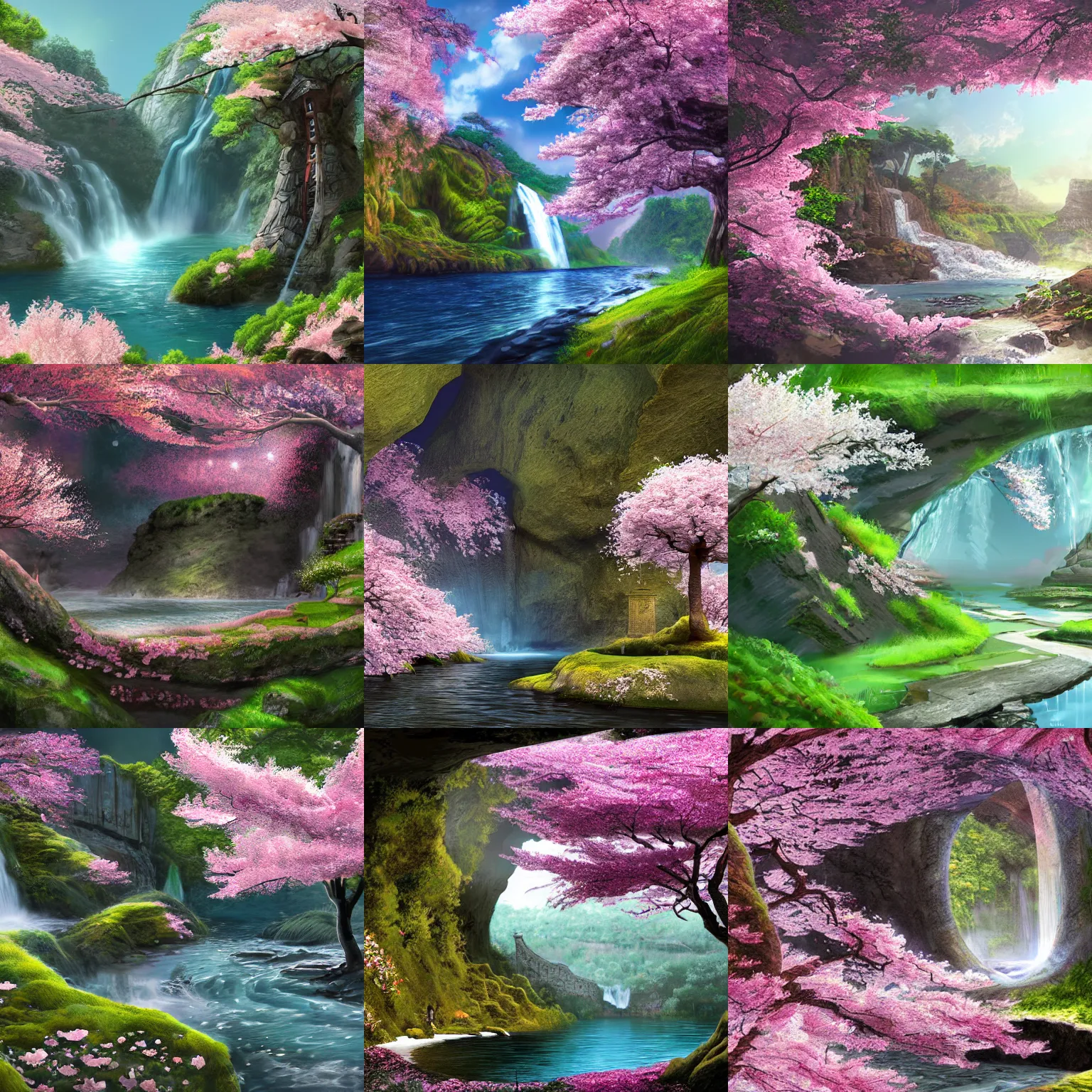 Image similar to beautiful enclosed area surrounded by cliffs with waterfalls and a big cherry blossom tree in the center, concept art, digital art, highly detailed