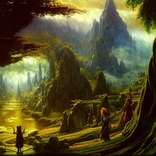 Image similar to a beautiful and highly detailed matte painting of the lost elven land of avalon, celtic, psychedelic, epic scale, insanely complex, hyperdetailed, sharp focus, hyperrealism, artstation, cgsociety, 8 k, bright colors, by caspar friedrich, albert bierstadt, james gurney, brian froud,
