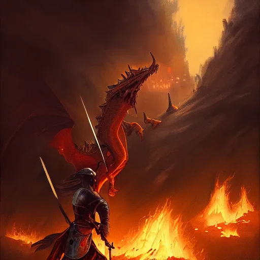 Image similar to painting of a knight shielding himself and his horse from the flames of a terrifying dragon. style of greg rutkowski.