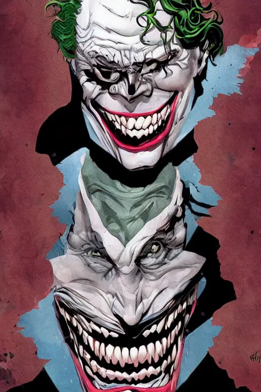 Prompt: dc comic book cover of villain the joker creepy menacing dangerous slit mouth smile by michael hussar, james jean, tomer hanuka