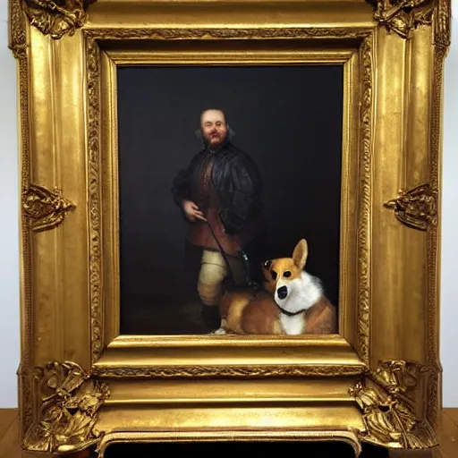 Prompt: corgi. oil on canvas, baroque style. gilded frame. 2 4 feet wide, 1 6 feet tall. rembrandt.