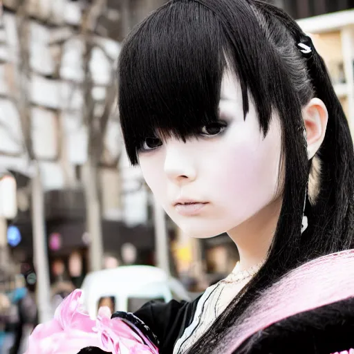 Image similar to Japanese goth girl, beautiful, stunning, high detail, cinematic, harajuku,