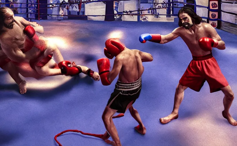 Prompt: hyperrealistic photo of Jesus Christ fighting red-skinned Satan devil demon Lucifer hellspawn in the face on the floor of a boxing ring, 8k cinematic, epic fight scene, DSLR focus on the subjects