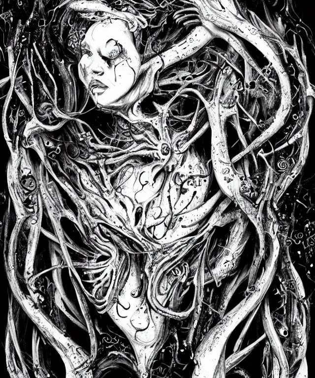 Image similar to black and white illustration, creative design, body horror, monster