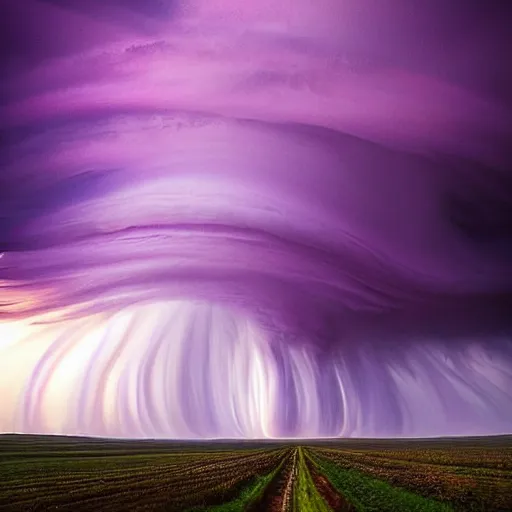 Image similar to amazing photo of purple clouds in the shape of a tornado by marc adamus, digital art, beautiful dramatic lighting